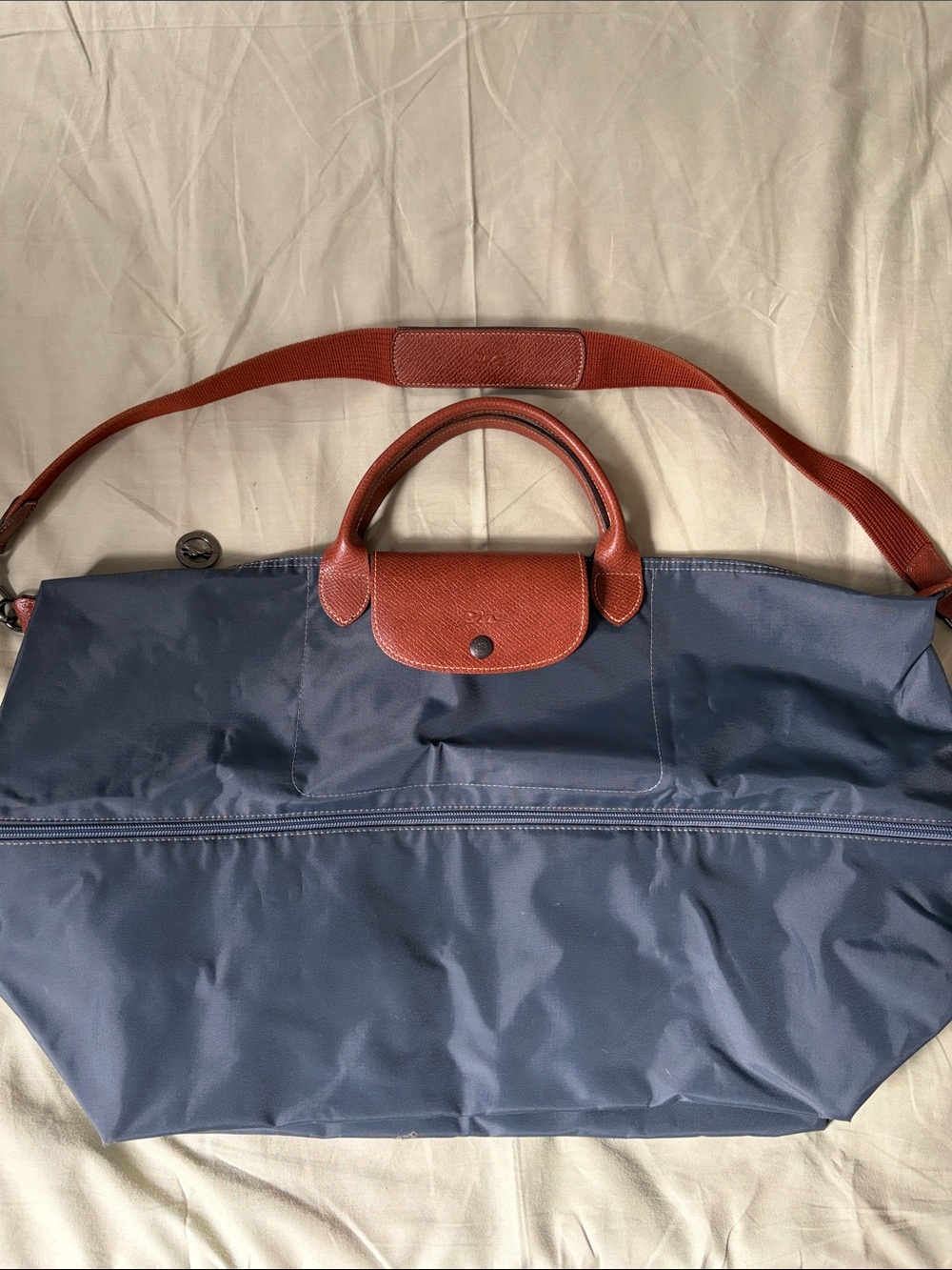 Longchamp Le Pliage Expandable Travel Bag in Slate Grey with Brown Leather Trim